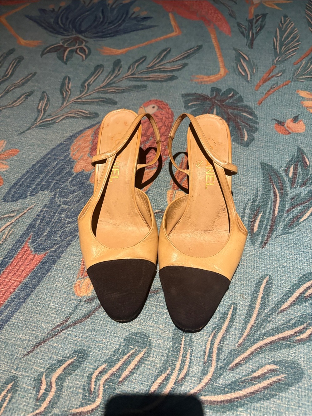 CHANEL Two-Tone Slingback Mules in Tan and Black